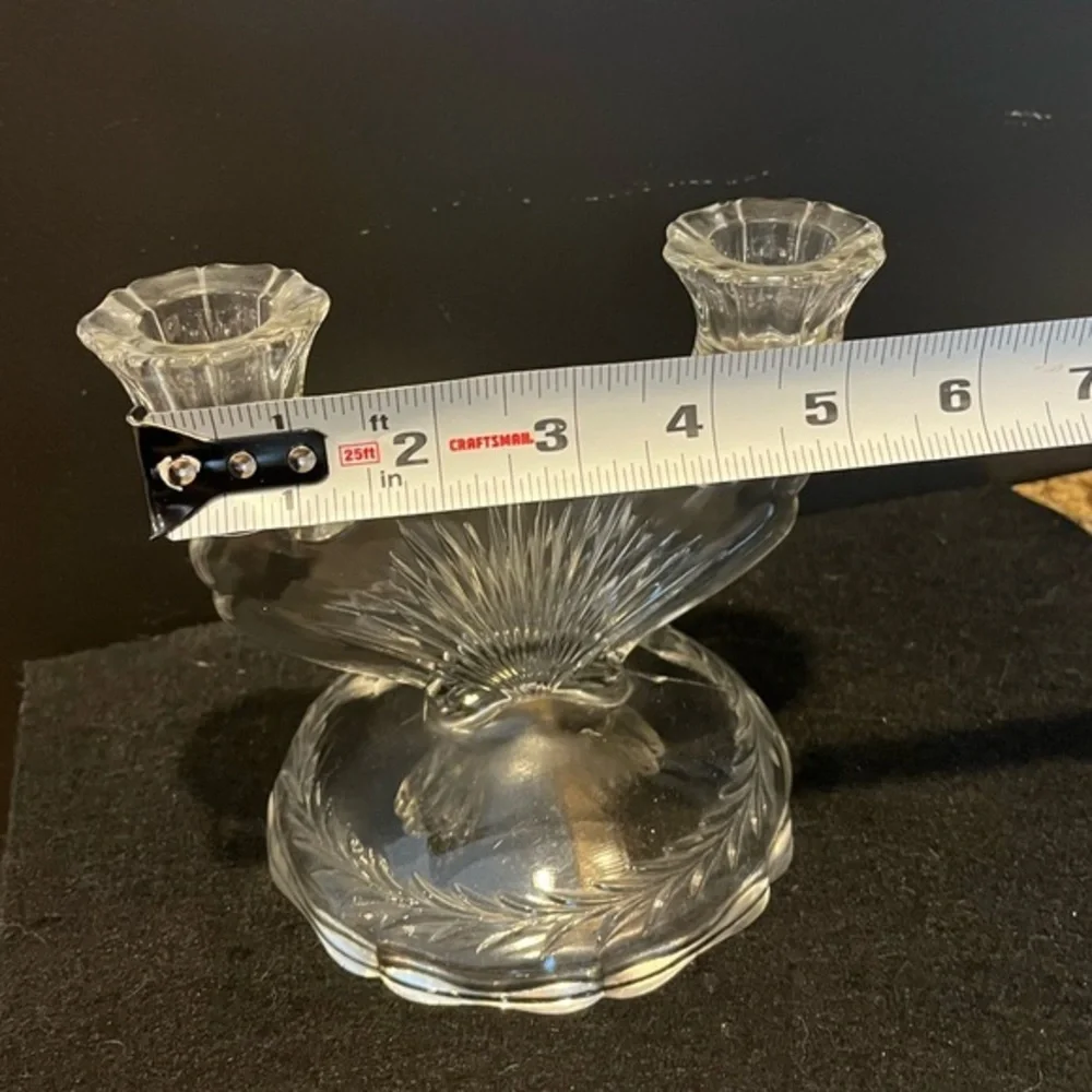 Vintage Clear Jeanette Glass Double Candlestick Sunburst Herringbone Set of Two